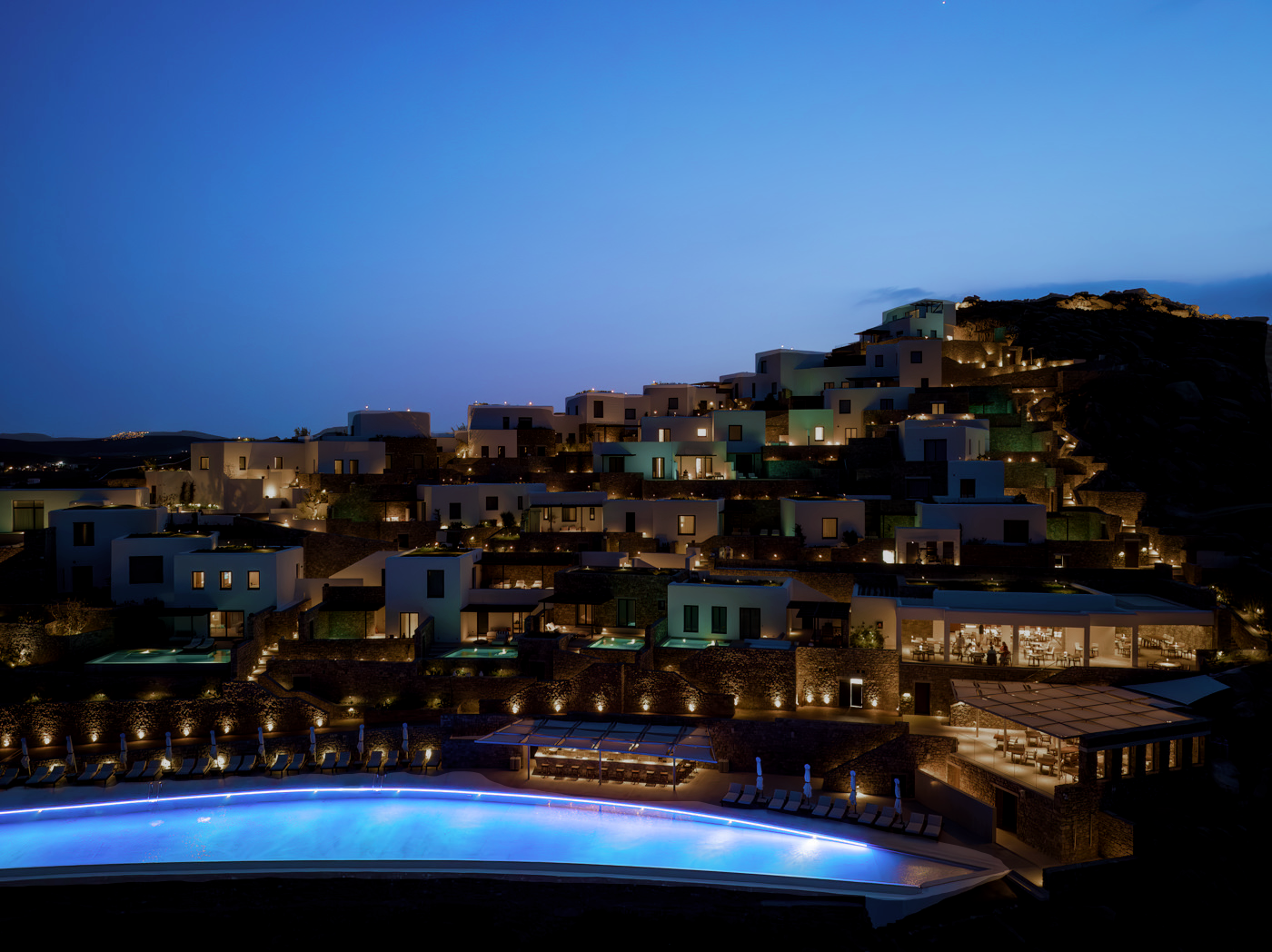 Mykonos hillside hospitality project illuminated with LEDFlex architectural lighting design at Cali Mykonos